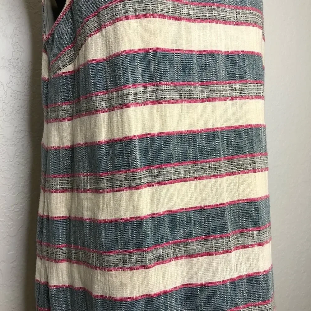 Anthropologie Holding Horses cream chambray blue pink fringe trim dress size 12